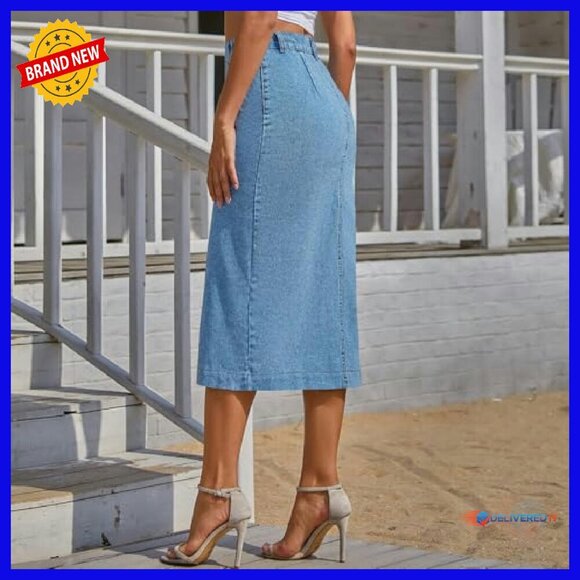 High Waisted Denim Midi Skirt Button Front Slit Women's Casual - Picture 4 of 6